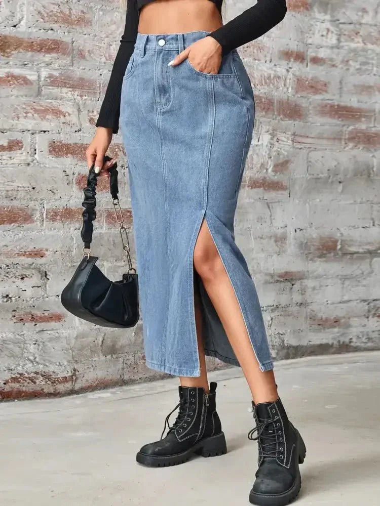 Slit High Waist Denim Skirt with Pockets - Update AvenueDenim Dresses & SkirtsTrendsi10010080899697310010080899697399afb4b6 - 4257 - 458b - a865 - c7a6c547ab5a - MaxDusty Blue