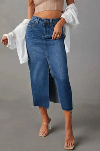 Slit Raw Hem Midi Denim Skirt - Update AvenueDenim Dresses & SkirtsTrendsi10010005250199310010005250199325e5eb30 - 7eb4 - 48aa - 9a8a - 0d355ab3c217 - MaxDark Blue