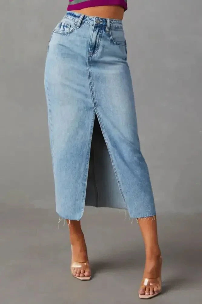 Slit Raw Hem Midi Denim Skirt - Update AvenueDenim Dresses & SkirtsTrendsi100100052506527100100052506527e7e4dc95 - e439 - 4a90 - 9a39 - d53ddde7d318 - MaxLight Blue