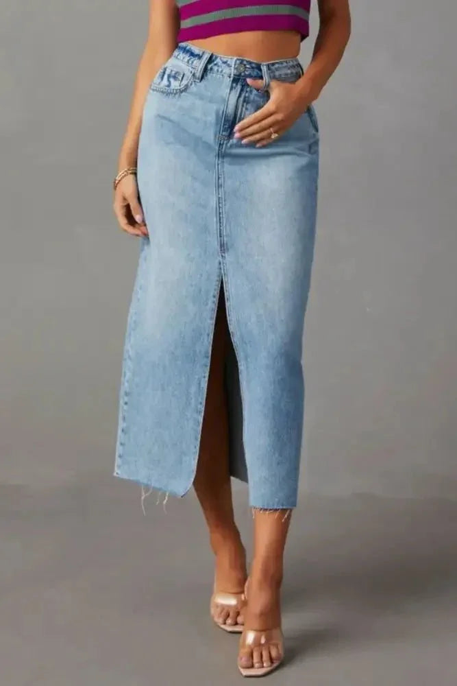 Slit Raw Hem Midi Denim Skirt - Update AvenueDenim Dresses & SkirtsTrendsi100100052506527100100052506527f668c64a - ef6d - 4ac0 - b77b - 20c2329265e1 - MaxLight Blue