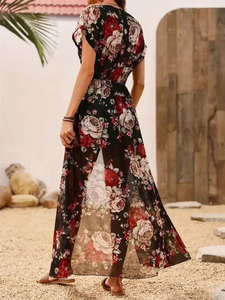 Slit Rose Printed Round Neck Short Sleeve Blouse - Update AvenueVacation StyleTrendsi10010084244155510010084244155529f67245 - 0103 - 4346 - a7c0 - 601089af512c - MaxBlack