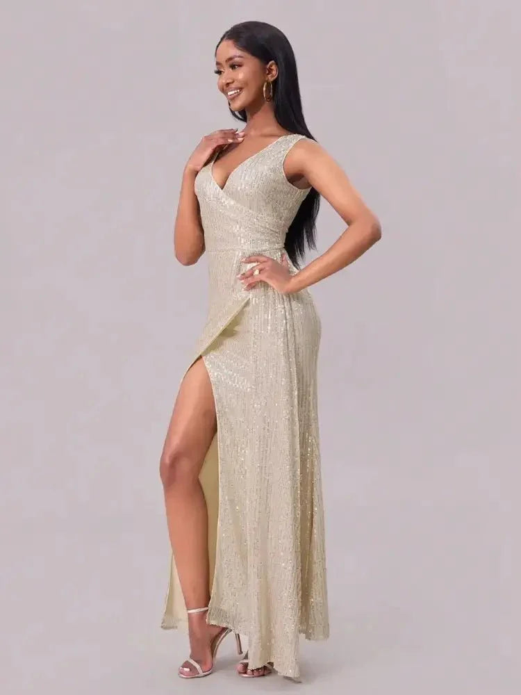 Slit Sequin Surplice Sleeveless Maxi Dress - Update AvenueCocktail DressesTrendsi100100819381551100100819381551Slit Sequin Surplice Sleeveless Maxi DressChampagne Color
