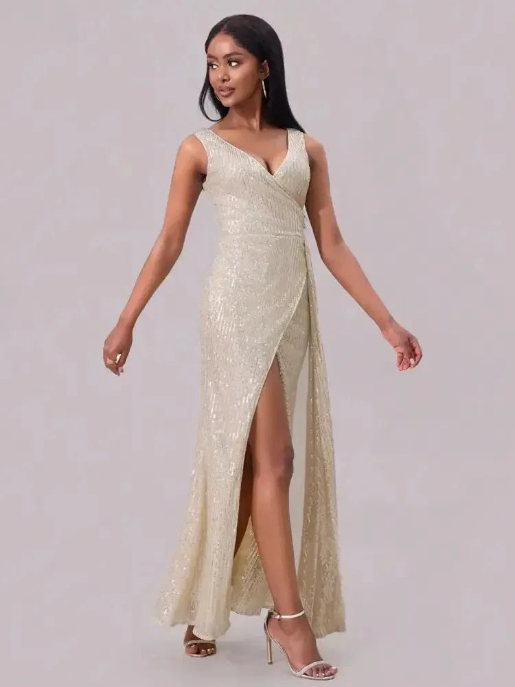 Slit Sequin Surplice Sleeveless Maxi Dress - Update AvenueCocktail DressesTrendsi100100819381551100100819381551Slit Sequin Surplice Sleeveless Maxi DressChampagne Color