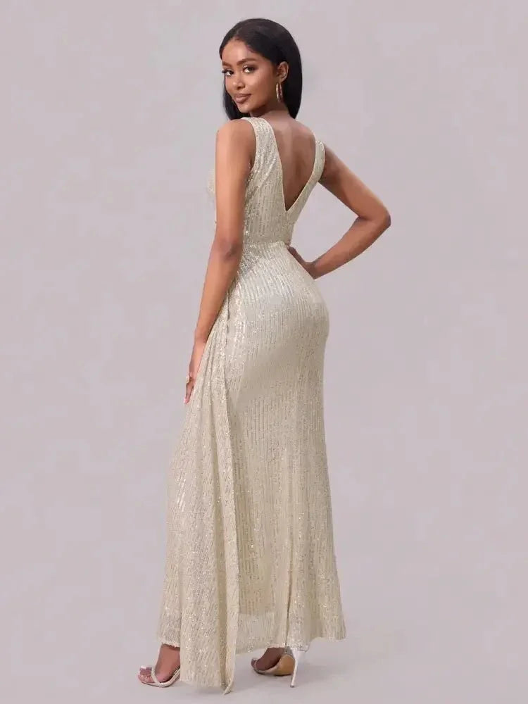 Slit Sequin Surplice Sleeveless Maxi Dress - Update AvenueCocktail DressesTrendsi100100819381551100100819381551Slit Sequin Surplice Sleeveless Maxi DressChampagne Color