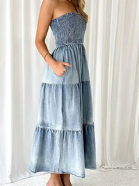 Slit Smocked Tube Tiered Denim Dress - Update AvenueDenim Dresses & SkirtsTrendsi1001008834318551001008834318558ccf68a2 - 055f - 4af4 - 9c24 - 48ee2301fa8f - MaxDusty Blue