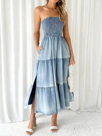 Slit Smocked Tube Tiered Denim Dress - Update AvenueDenim Dresses & SkirtsTrendsi100100883431855100100883431855468bba04 - f28a - 431f - 9ca9 - 1ee975287145 - MaxDusty Blue