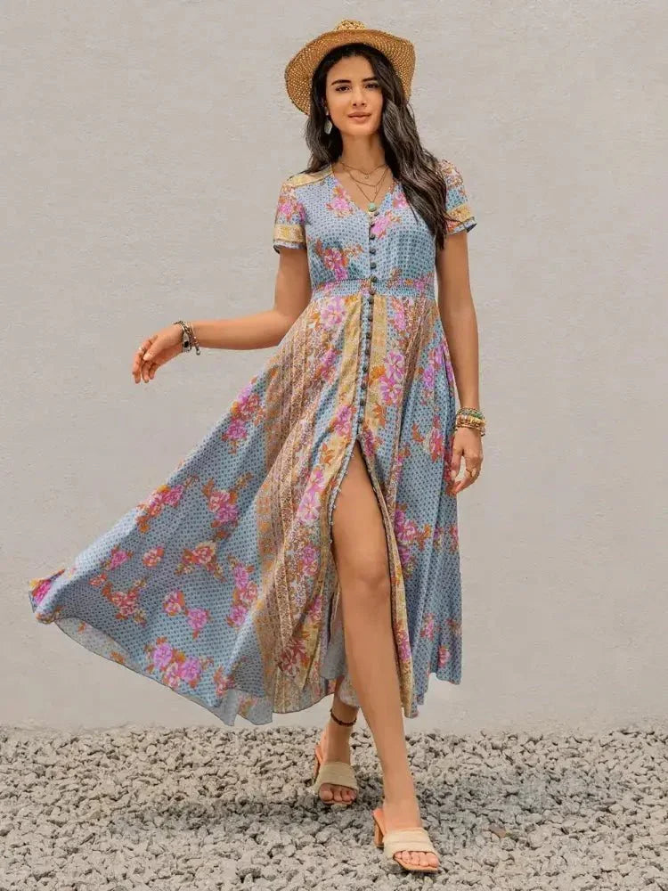 Smocked Floral V - Neck Short Sleeve Midi Dress - Update AvenueBoho VibesTrendsi100100882391744100100882391744b4bed7e5 - 6a9a - 406d - 8975 - eeffcd469208 - MaxLight Blue