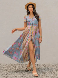 Smocked Floral V - Neck Short Sleeve Midi Dress - Update AvenueBoho VibesTrendsi100100882391744100100882391744b4bed7e5 - 6a9a - 406d - 8975 - eeffcd469208 - MaxLight Blue