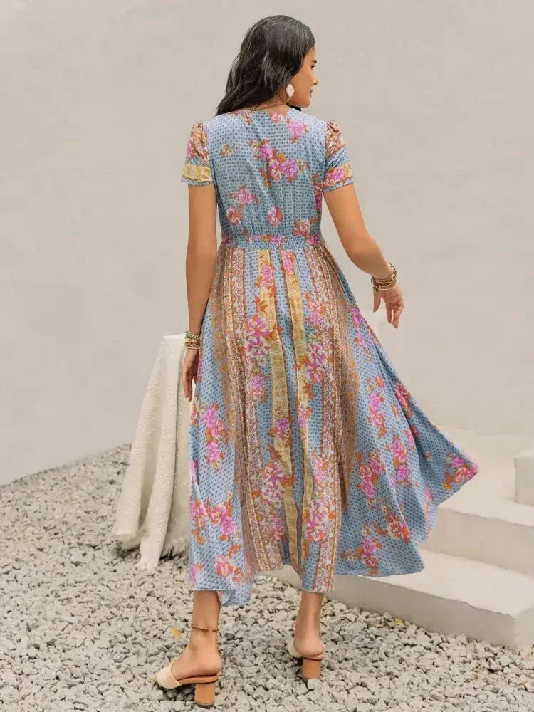 Smocked Floral V - Neck Short Sleeve Midi Dress - Update AvenueBoho VibesTrendsi100100882391744100100882391744c077e25c - f865 - 43b1 - a957 - f9d25a4dcb08 - MaxLight Blue