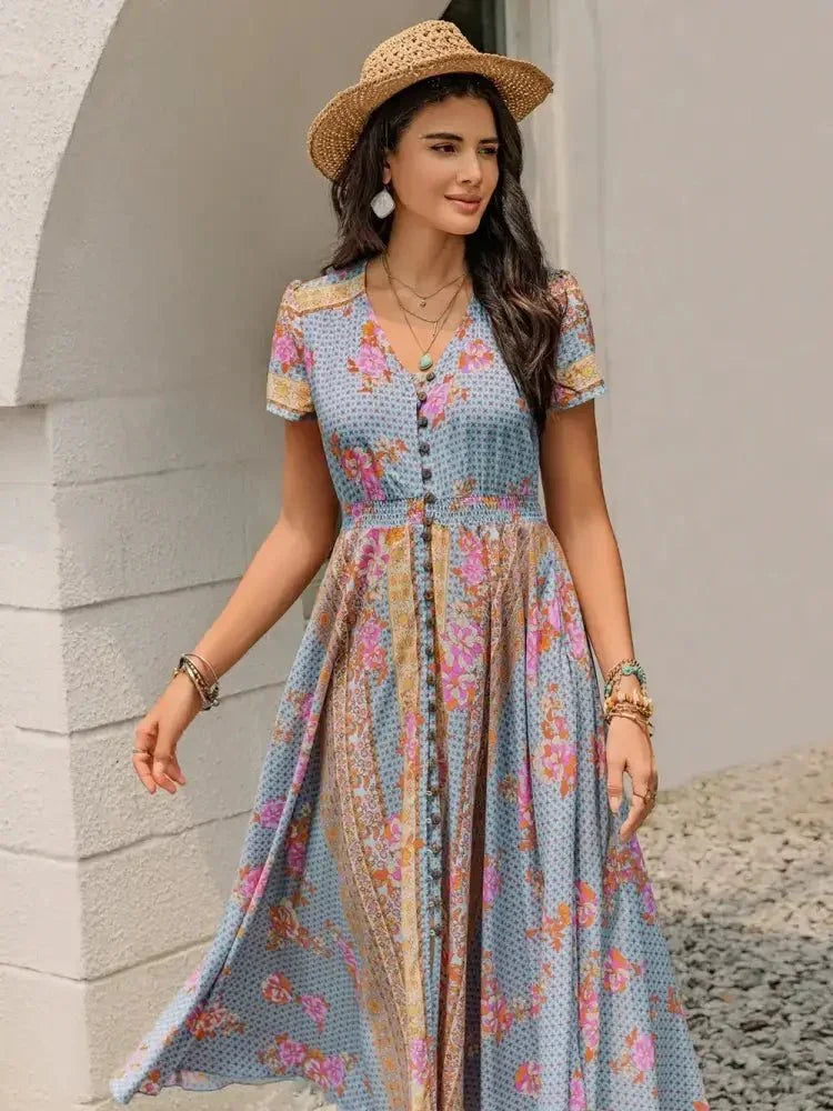 Smocked Floral V - Neck Short Sleeve Midi Dress - Update AvenueBoho VibesTrendsi100100882391744100100882391744f44edc0b - 29ba - 4ab3 - ae8d - 272f2e67adf3 - MaxLight Blue