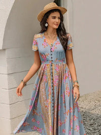 Smocked Floral V - Neck Short Sleeve Midi Dress - Update AvenueBoho VibesTrendsi100100882391744100100882391744f44edc0b - 29ba - 4ab3 - ae8d - 272f2e67adf3 - MaxLight Blue