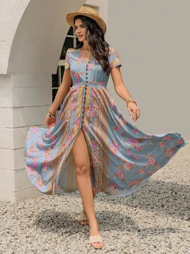 Smocked Floral V - Neck Short Sleeve Midi Dress - Update AvenueBoho VibesTrendsi1001008823917441001008823917443542ade5 - a3a7 - 4487 - ae57 - 6c123b46ebcc - MaxLight Blue