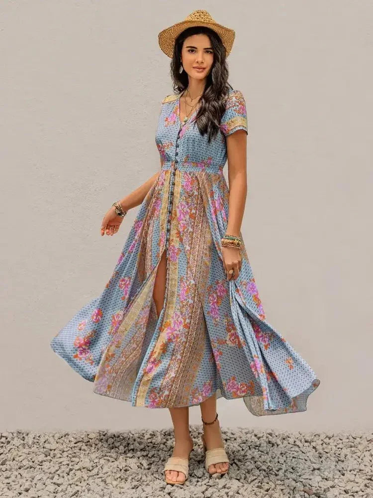 Smocked Floral V - Neck Short Sleeve Midi Dress - Update AvenueBoho VibesTrendsi100100882391744100100882391744019901af - bd9e - 4ba1 - 8885 - d522369ebc55 - MaxLight Blue