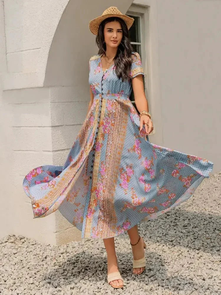 Smocked Floral V - Neck Short Sleeve Midi Dress - Update AvenueBoho VibesTrendsi10010088239174410010088239174449c8901c - daaf - 43c5 - a772 - 4fa163374543 - MaxLight Blue