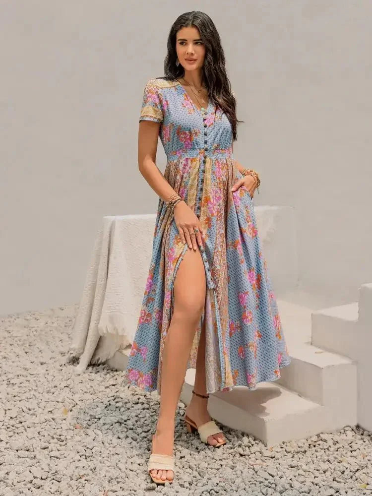 Smocked Floral V - Neck Short Sleeve Midi Dress - Update AvenueBoho VibesTrendsi1001008823917441001008823917442dd41611 - dfe4 - 40be - 82a9 - a2da20ee548d - MaxLight Blue