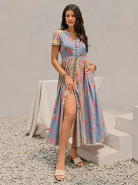 Smocked Floral V - Neck Short Sleeve Midi Dress - Update AvenueBoho VibesTrendsi1001008823917441001008823917442dd41611 - dfe4 - 40be - 82a9 - a2da20ee548d - MaxLight Blue