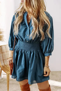 Smocked Half Button Three - Quarter Sleeve Mini Dress - Update AvenueTrendsi1001004275818741001004275818742a51f12a - 3f5d - 4de9 - 9f56 - 574530b549e5 - MaxFrench Blue