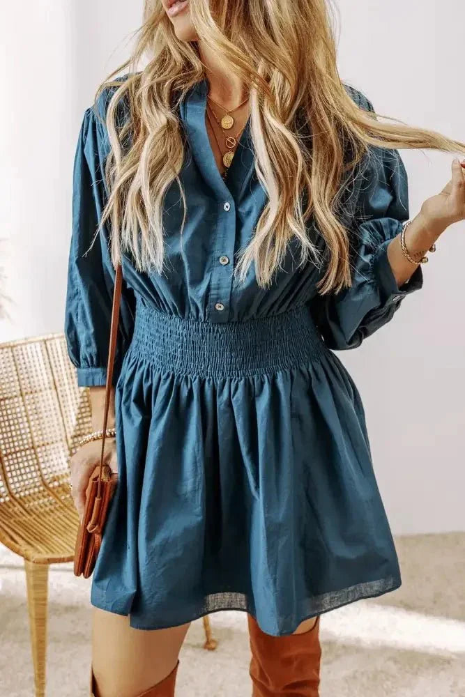 Smocked Half Button Three - Quarter Sleeve Mini Dress - Update AvenueTrendsi1001004275818741001004275818746ff7e40c - eeb8 - 4555 - 8ed4 - 67b1f50a7ce6 - MaxFrench Blue
