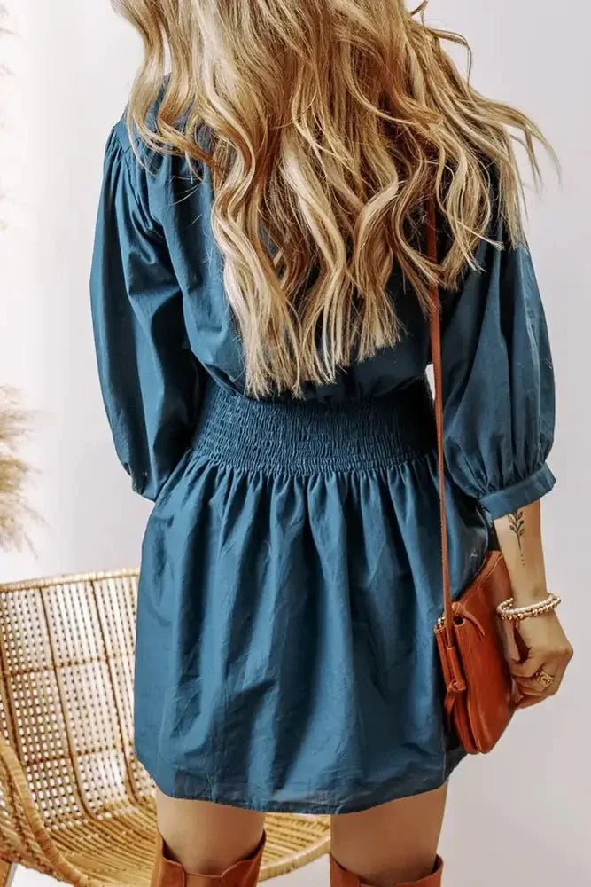 Smocked Half Button Three - Quarter Sleeve Mini Dress - Update AvenueTrendsi10010042758187410010042758187409d0b937 - 20e3 - 4c93 - 8cb1 - bb19f6e88577 - MaxFrench Blue
