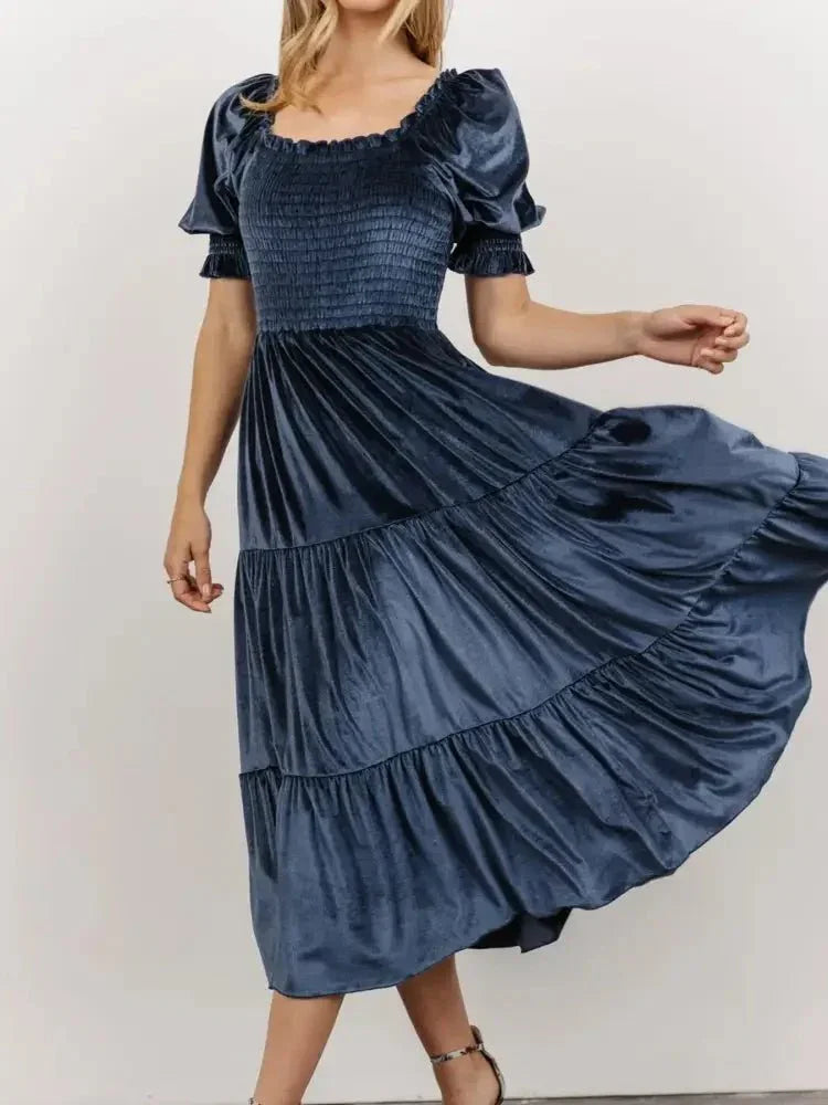 Smocked Half Sleeve Tiered Midi Dress - Update AvenueFormal + Evening DressesTrendsi100100235594733100100235594733Smocked Half Sleeve Tiered Midi DressNavy Blue