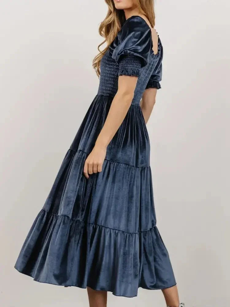 Smocked Half Sleeve Tiered Midi Dress - Update AvenueFormal + Evening DressesTrendsi100100235594733100100235594733Smocked Half Sleeve Tiered Midi DressNavy Blue
