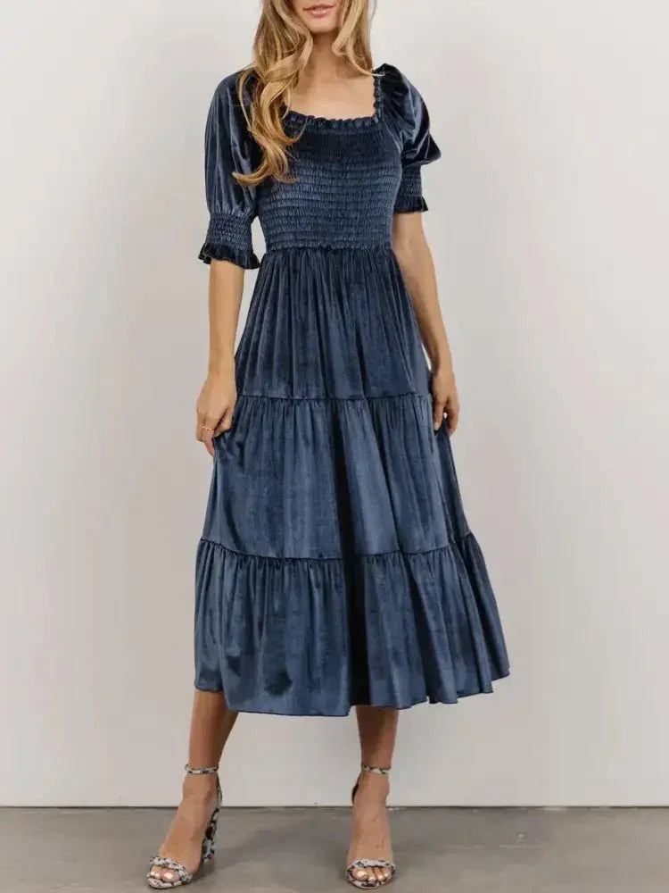 Smocked Half Sleeve Tiered Midi Dress - Update AvenueFormal + Evening DressesTrendsi100100235594733100100235594733Smocked Half Sleeve Tiered Midi DressNavy Blue