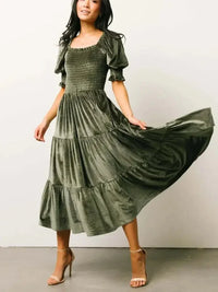 Smocked Half Sleeve Tiered Midi Dress - Update AvenueFormal + Evening DressesTrendsi100100235595222100100235595222Smocked Half Sleeve Tiered Midi DressArmy Green
