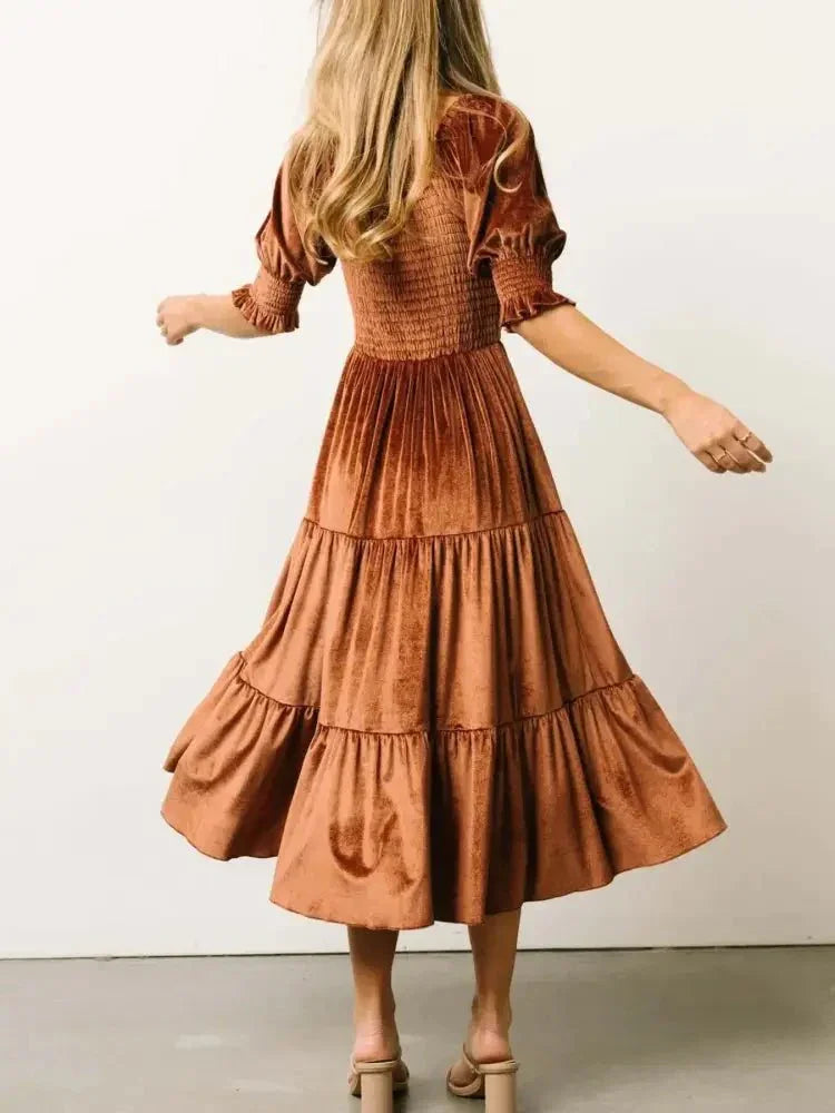 Smocked Half Sleeve Tiered Midi Dress - Update AvenueFormal + Evening DressesTrendsi100100235595697100100235595697Smocked Half Sleeve Tiered Midi DressChocolate