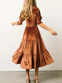 Smocked Half Sleeve Tiered Midi Dress - Update AvenueFormal + Evening DressesTrendsi100100235595697100100235595697Smocked Half Sleeve Tiered Midi DressChocolate
