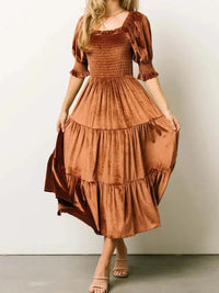 Smocked Half Sleeve Tiered Midi Dress - Update AvenueFormal + Evening DressesTrendsi100100235595697100100235595697Smocked Half Sleeve Tiered Midi DressChocolate