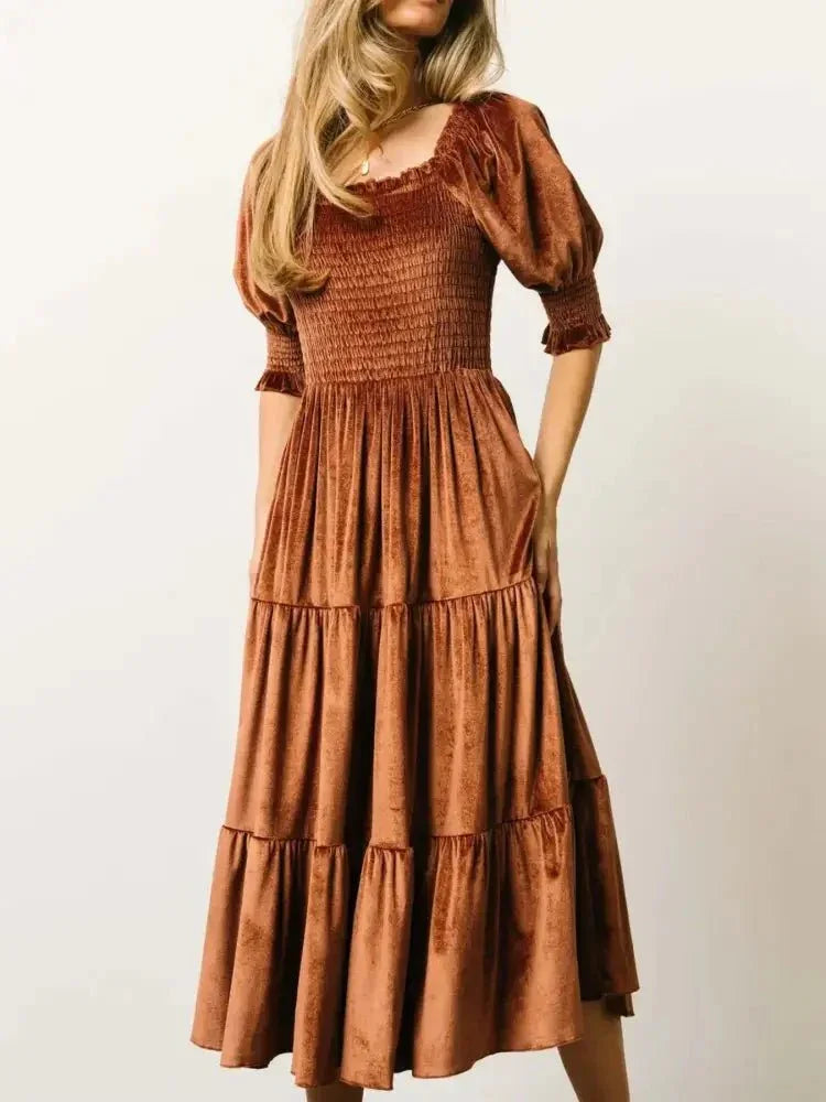 Smocked Half Sleeve Tiered Midi Dress - Update AvenueFormal + Evening DressesTrendsi100100235595697100100235595697Smocked Half Sleeve Tiered Midi DressChocolate