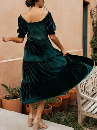 Smocked Half Sleeve Tiered Midi Dress - Update AvenueFormal + Evening DressesTrendsi100100235598031100100235598031Smocked Half Sleeve Tiered Midi DressDark Green