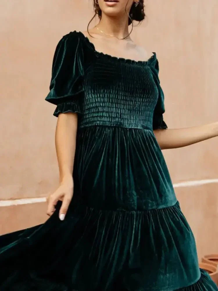 Smocked Half Sleeve Tiered Midi Dress - Update AvenueFormal + Evening DressesTrendsi100100235598031100100235598031Smocked Half Sleeve Tiered Midi DressDark Green