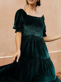 Smocked Half Sleeve Tiered Midi Dress - Update AvenueFormal + Evening DressesTrendsi100100235598031100100235598031Smocked Half Sleeve Tiered Midi DressDark Green