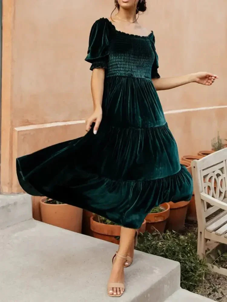 Smocked Half Sleeve Tiered Midi Dress - Update AvenueFormal + Evening DressesTrendsi100100235598031100100235598031Smocked Half Sleeve Tiered Midi DressDark Green
