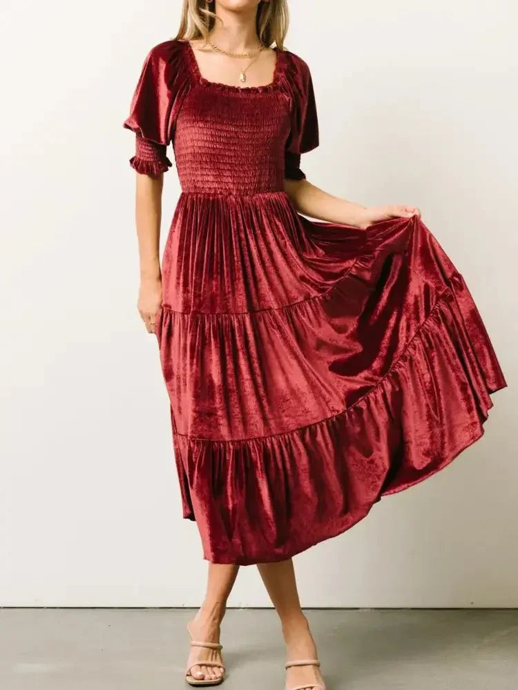 Smocked Half Sleeve Tiered Midi Dress - Update AvenueFormal + Evening DressesTrendsi100100235598138100100235598138Smocked Half Sleeve Tiered Midi DressWine Red