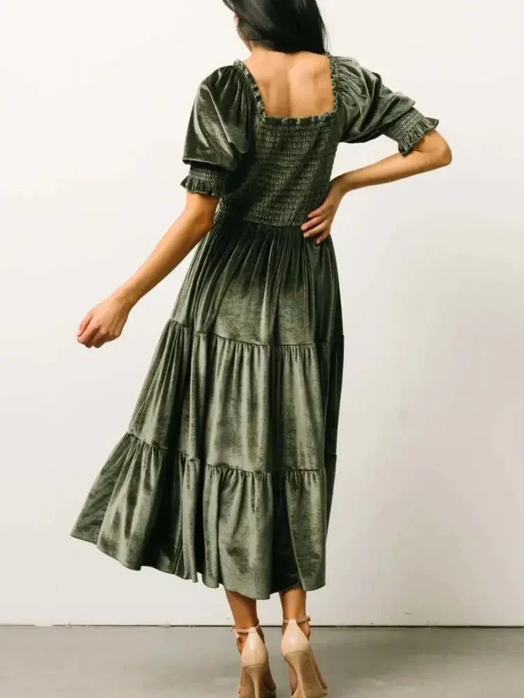 Smocked Half Sleeve Tiered Midi Dress - Update AvenueFormal + Evening DressesTrendsi100100235598138100100235598138Smocked Half Sleeve Tiered Midi DressWine Red