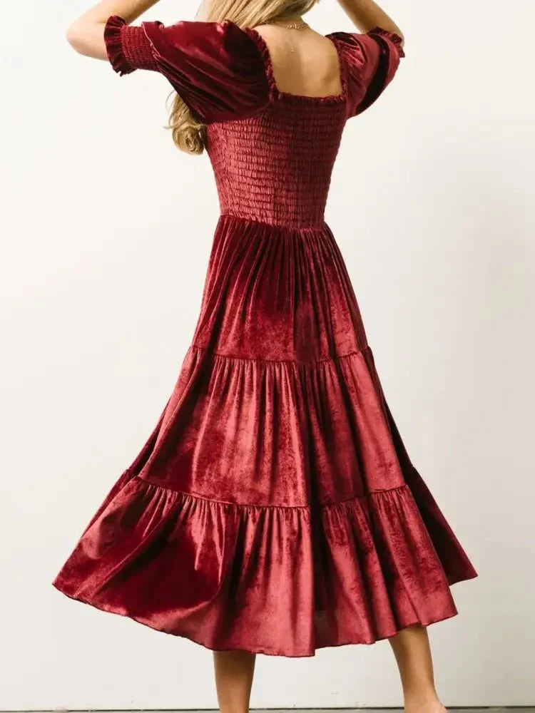 Smocked Half Sleeve Tiered Midi Dress - Update AvenueFormal + Evening DressesTrendsi100100235598138100100235598138Smocked Half Sleeve Tiered Midi DressWine Red