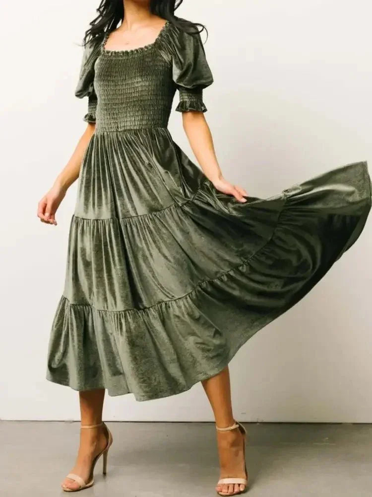 Smocked Half Sleeve Tiered Midi Dress - Update AvenueFormal + Evening DressesTrendsi100100235598138100100235598138Smocked Half Sleeve Tiered Midi DressWine Red