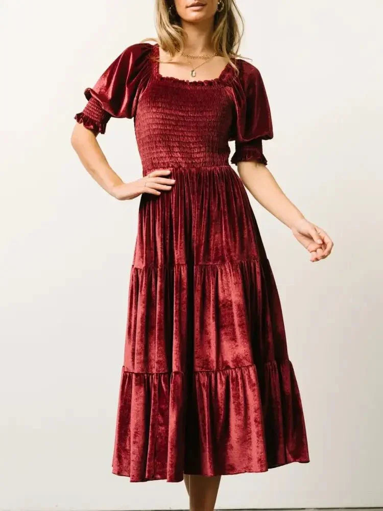 Smocked Half Sleeve Tiered Midi Dress - Update AvenueFormal + Evening DressesTrendsi100100235598138100100235598138Smocked Half Sleeve Tiered Midi DressWine Red