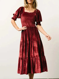 Smocked Half Sleeve Tiered Midi Dress - Update AvenueFormal + Evening DressesTrendsi100100235598138100100235598138Smocked Half Sleeve Tiered Midi DressWine Red