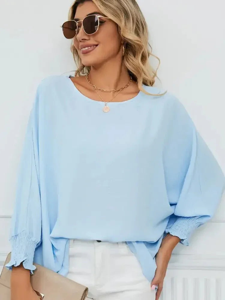 Smocked Lantern Sleeve Round Neck Blouse - Update AvenueTrendsi1001012904237781001012904237781af0b00bae644295b208b853b7f2a4f8 - MaxMisty Blue