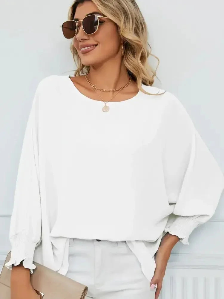 Smocked Lantern Sleeve Round Neck Blouse - Update AvenueTrendsi1001012904240921001012904240922e549f7a9764418992516f80c0d83fcb - MaxWhite