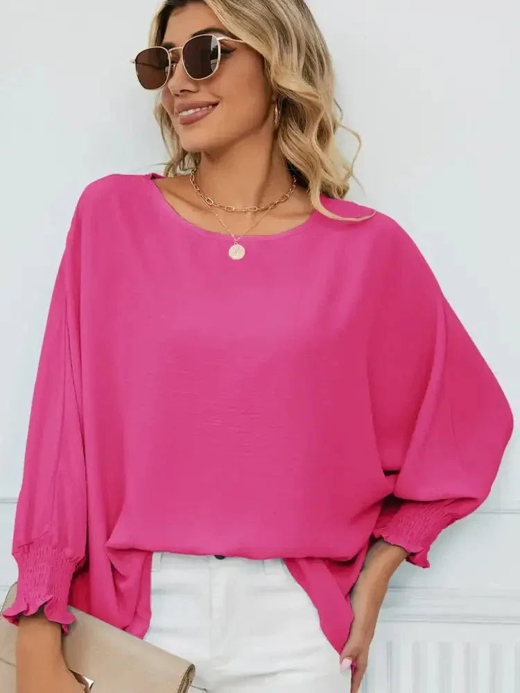 Smocked Lantern Sleeve Round Neck Blouse - Update AvenueTrendsi1001012904271291001012904271299ea5f136ff2e4c52b3ff8426e06f669e - MaxHot Pink