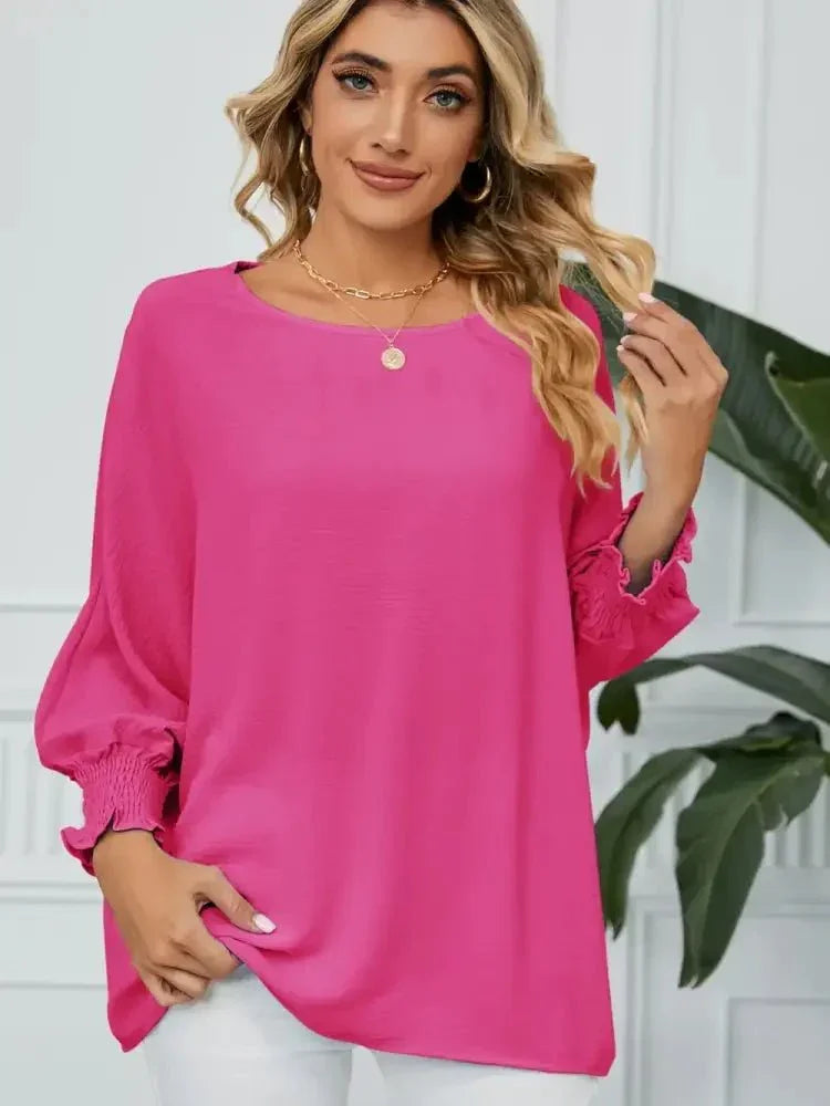 Smocked Lantern Sleeve Round Neck Blouse - Update AvenueTrendsi1001012904271291001012904271292c7f4e2b5b8f4900b3f3239446535811 - MaxHot Pink