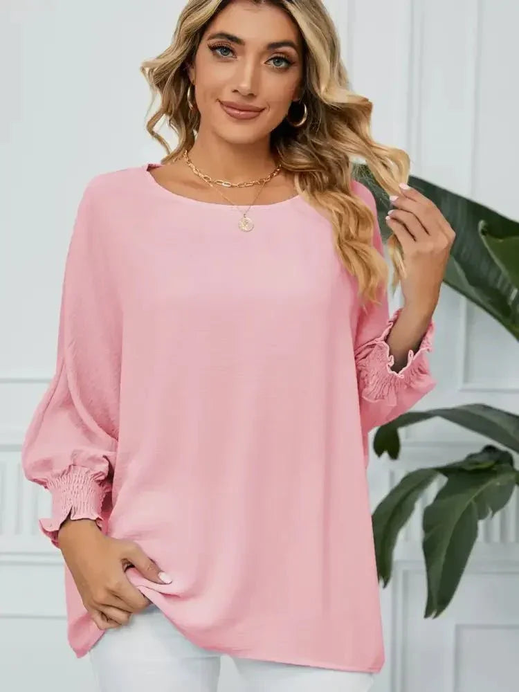 Smocked Lantern Sleeve Round Neck Blouse - Update AvenueTrendsi100101290428311100101290428311a71eb40a2fdd4cfd97948074c1b5260a - MaxBlush Pink