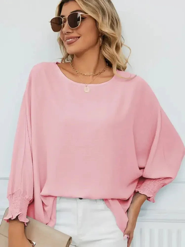 Smocked Lantern Sleeve Round Neck Blouse - Update AvenueTrendsi1001012904283111001012904283116809f5d2a30343c582eba7afad91ee27 - MaxBlush Pink