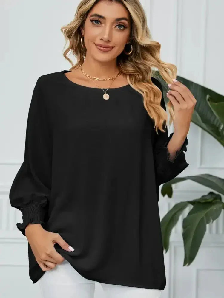 Smocked Lantern Sleeve Round Neck Blouse - Update AvenueTrendsi1001012904289301001012904289302d7939ef99454aef9b46d1f37a090426 - MaxBlack