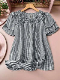 Smocked Plaid Round Neck Layered Short Sleeve Blouse - Update AvenueTrendsi100100454251867100100454251867beeb49d5 - 33fc - 4786 - aed4 - 78c537979d1c - MaxPlaid