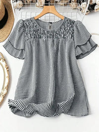 Smocked Plaid Round Neck Layered Short Sleeve Blouse - Update AvenueTrendsi100100454251867100100454251867156a93db - 1e7a - 40be - b624 - 044fbf908b3e - MaxPlaid